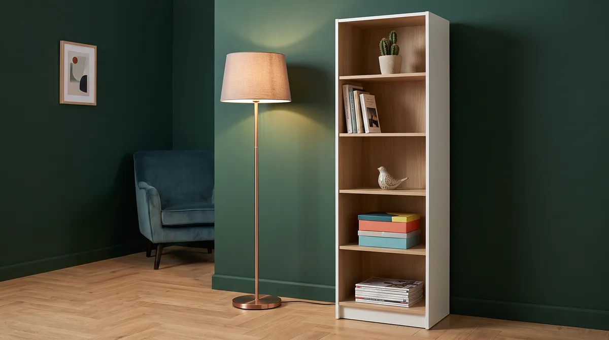 60 cm raflı kolon: beyaz gövde, meşe iç, raflarda kitap ve aksesuar